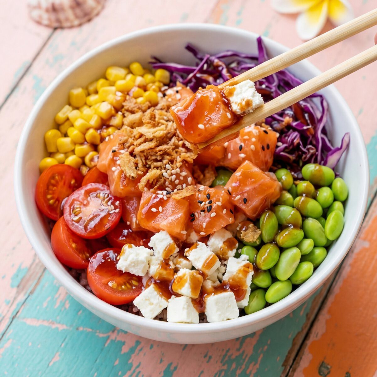Bowl Manõ Poké colorata con salmone, edamame e ingredienti freschi